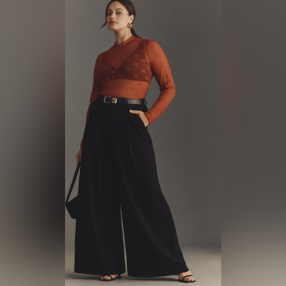 Anthropologie Maeve Bow Sheer Lace Turtleneck Top Red - Picture 1 of 10